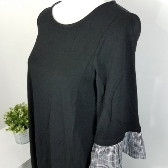 Pleione Black Plaid Ruffle Sleeve Knit Shirt Dress - Picture 3 of 8